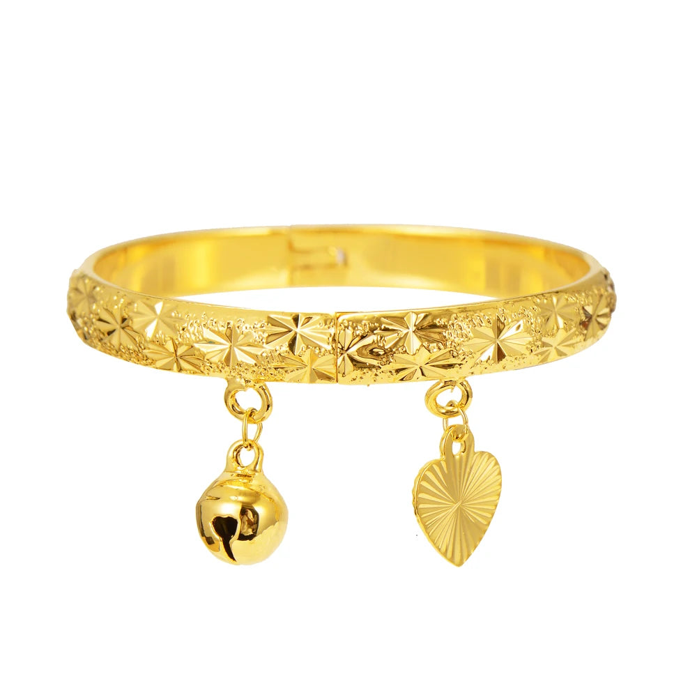 2Pcs Gold Color Bell Heart Baby Bangle Bracelet High Quality Kids Bangles Simple Trendy Jewelry Mideast Arab Africa Gift