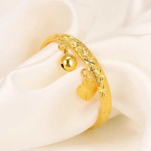 2Pcs Gold Color Bell Heart Baby Bangle Bracelet High Quality Kids Bangles Simple Trendy Jewelry Mideast Arab Africa Gift