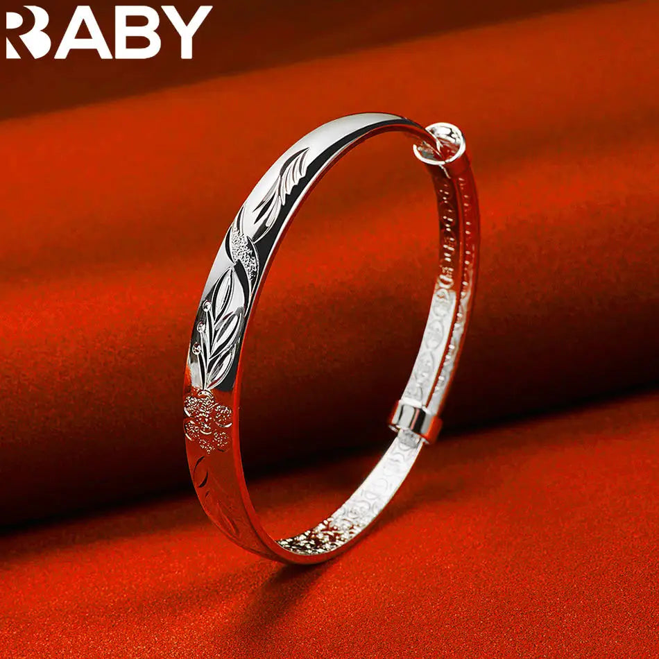 URBABY 925 Sterling Silver Engraved Pattern Bangle Adjustable Bracelet For Women Fashion Jewelry Elegant Classic Birthday Gift