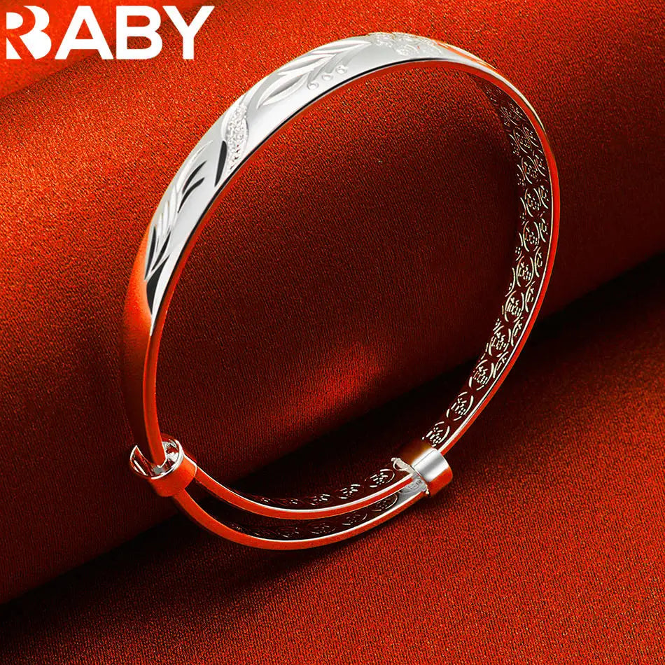 URBABY 925 Sterling Silver Engraved Pattern Bangle Adjustable Bracelet For Women Fashion Jewelry Elegant Classic Birthday Gift