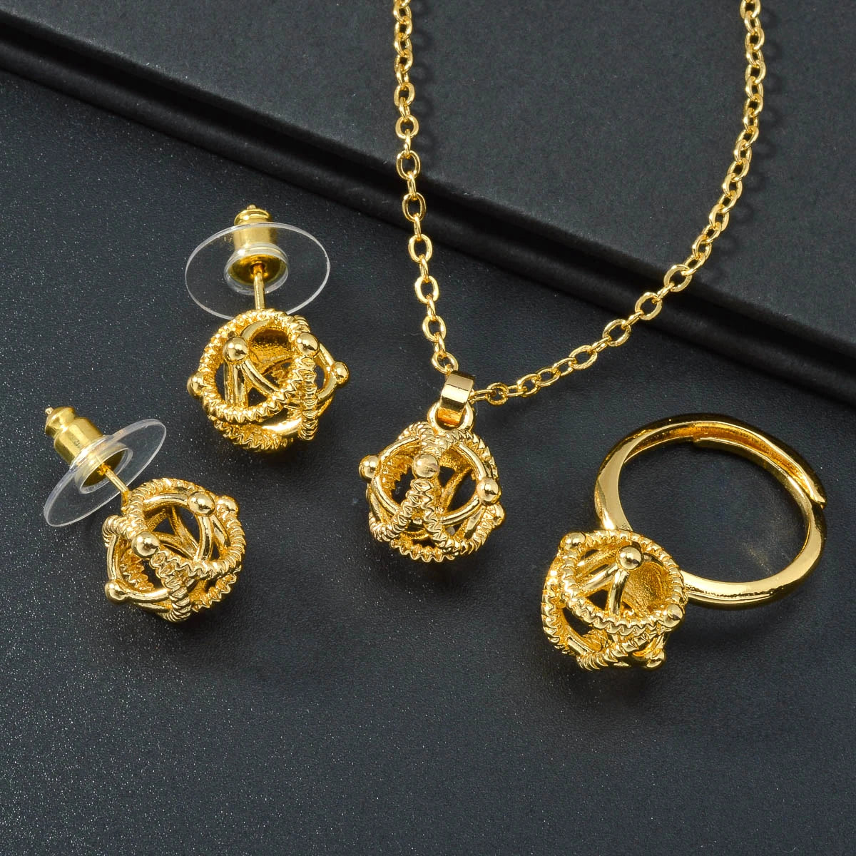 3PCS Jewelry Sets Fashion Pendant Gold Color Necklace New Earrings Ring Women Female Gift Jewelry for Party Wedding Anniversary