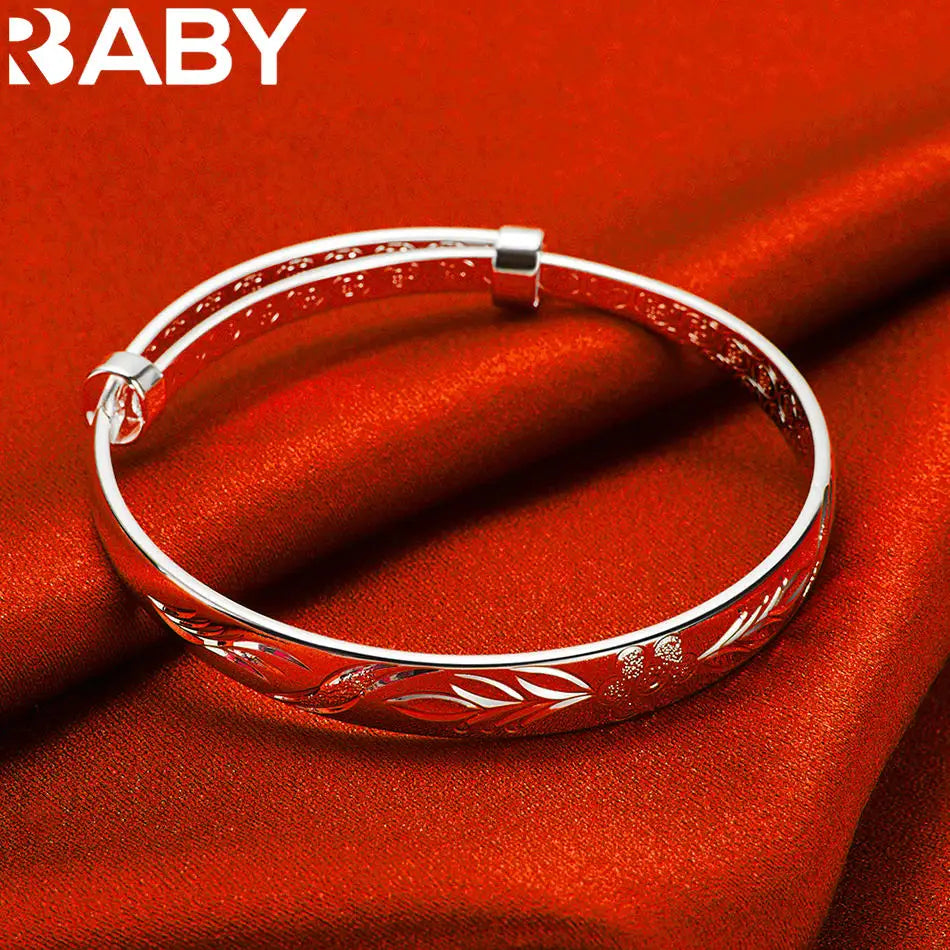 URBABY 925 Sterling Silver Engraved Pattern Bangle Adjustable Bracelet For Women Fashion Jewelry Elegant Classic Birthday Gift