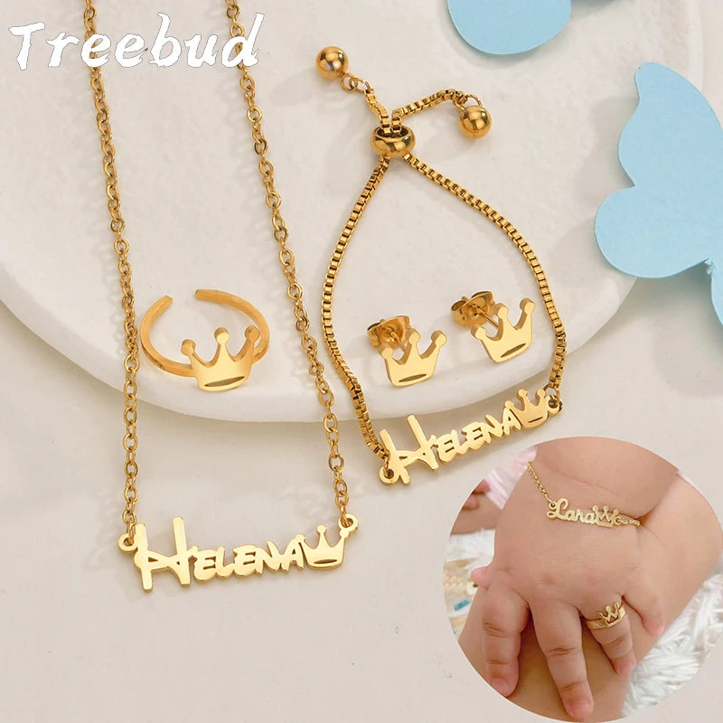 Treebud Custom Baby Name Jewelry Set Stainless Steel Personalized Nameplate Necklace Ring Bracelet Earring Kids Jewelry Gifts