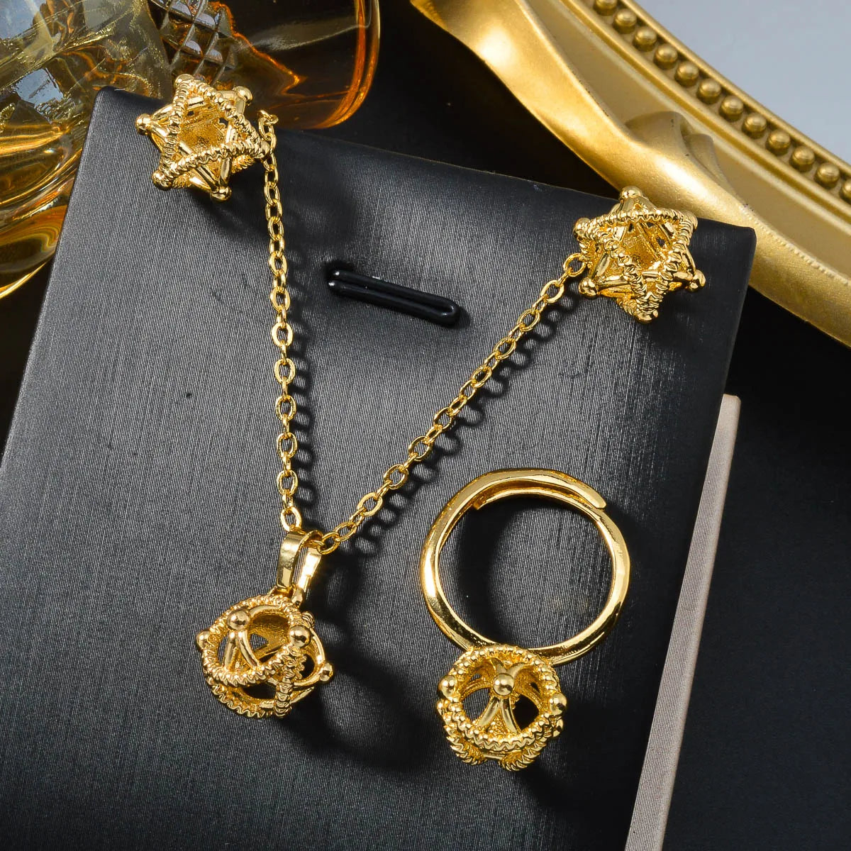 3PCS Jewelry Sets Fashion Pendant Gold Color Necklace New Earrings Ring Women Female Gift Jewelry for Party Wedding Anniversary