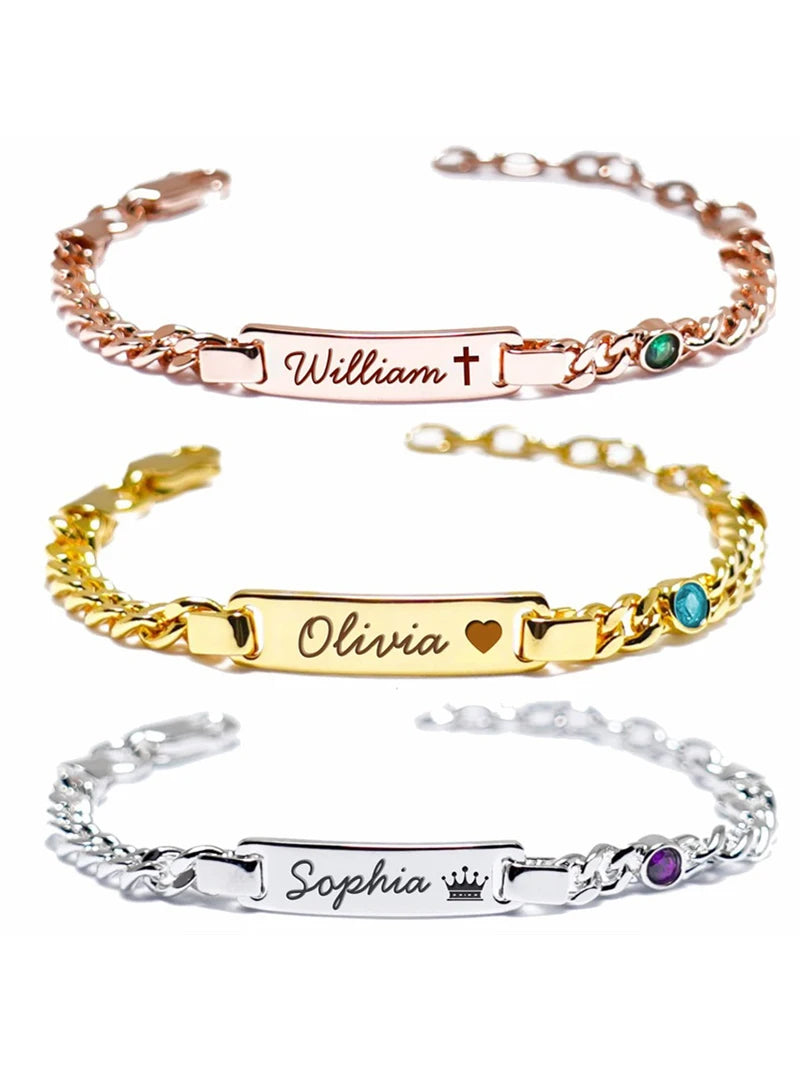 Custom Baby Birthstone Name Bracelets for Boys Girls 18K Gold Plated Personalized Bracelet Engraved Name Baby Birthday Gifts