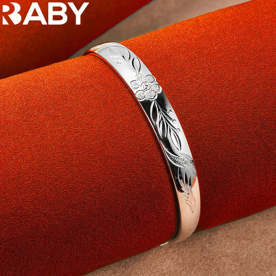 URBABY 925 Sterling Silver Engraved Pattern Bangle Adjustable Bracelet For Women Fashion Jewelry Elegant Classic Birthday Gift