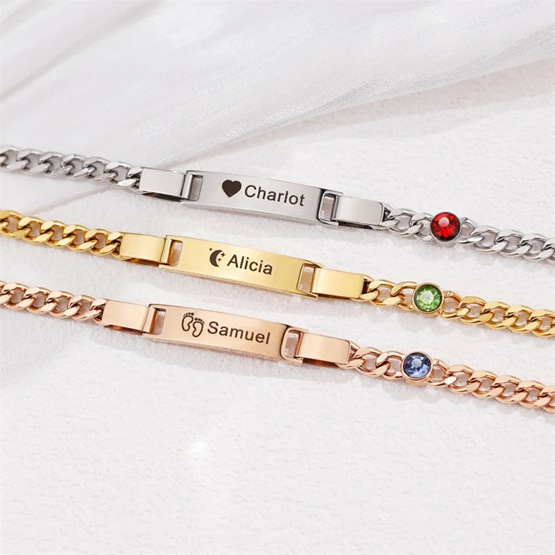 Custom Baby Birthstone Name Bracelets for Boys Girls 18K Gold Plated Personalized Bracelet Engraved Name Baby Birthday Gifts