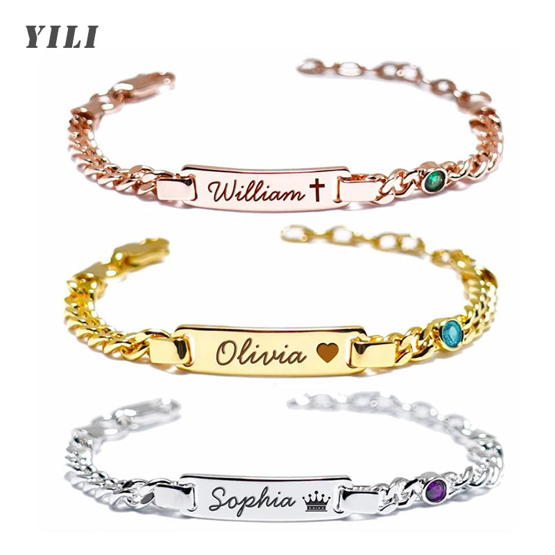 Custom Baby Birthstone Name Bracelets for Boys Girls 18K Gold Plated Personalized Bracelet Engraved Name Baby Birthday Gifts