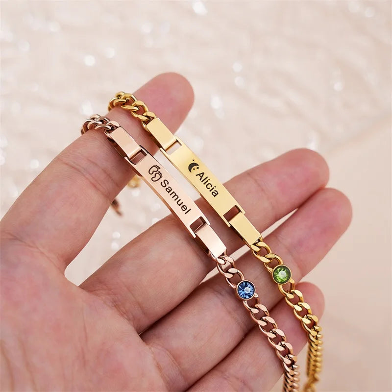 Custom Baby Birthstone Name Bracelets for Boys Girls 18K Gold Plated Personalized Bracelet Engraved Name Baby Birthday Gifts