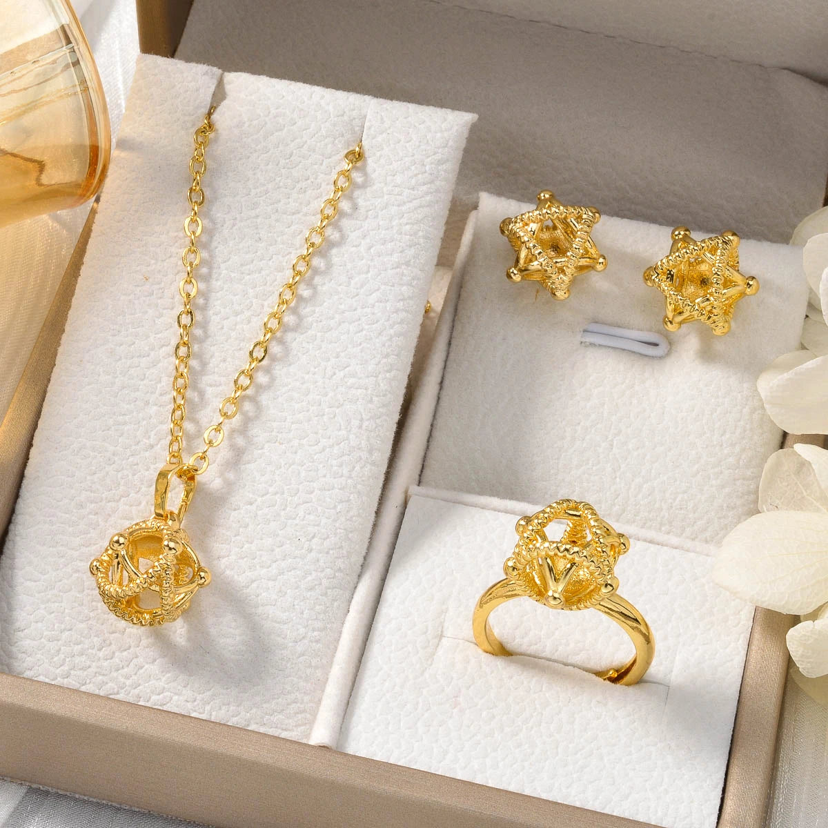 3PCS Jewelry Sets Fashion Pendant Gold Color Necklace New Earrings Ring Women Female Gift Jewelry for Party Wedding Anniversary